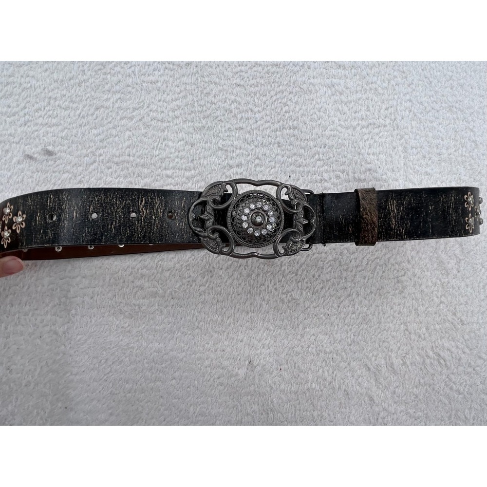 Womens Distressed Black  Floral Studded Rhinestone Rodeo Buckle Belt 1629 L